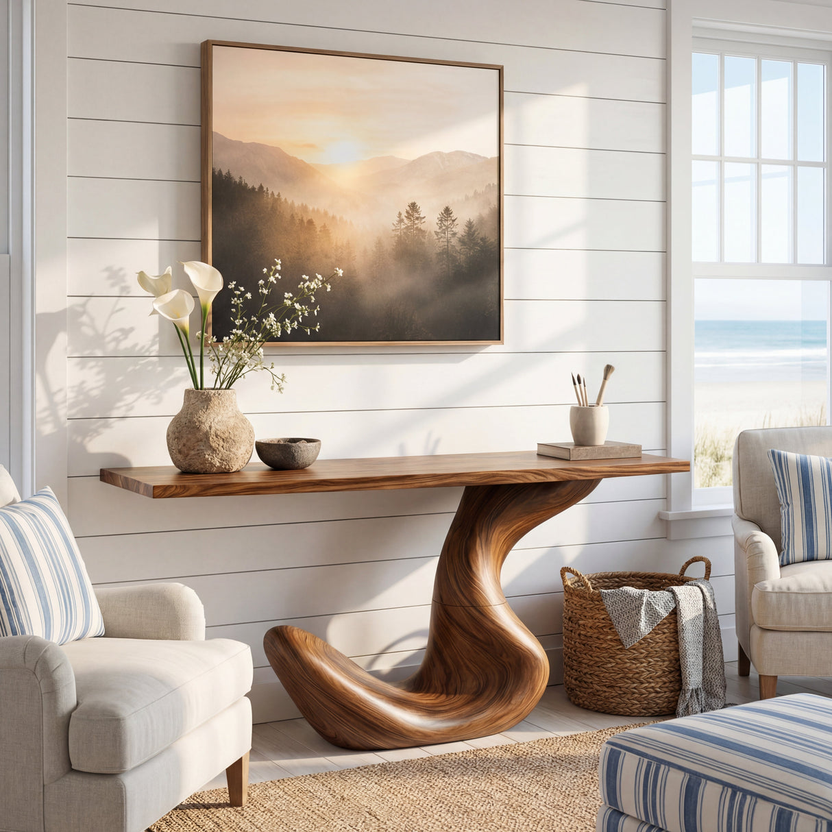 Hook Curve Sculptural Solid Wood Console Table with Monolithic Loop Base