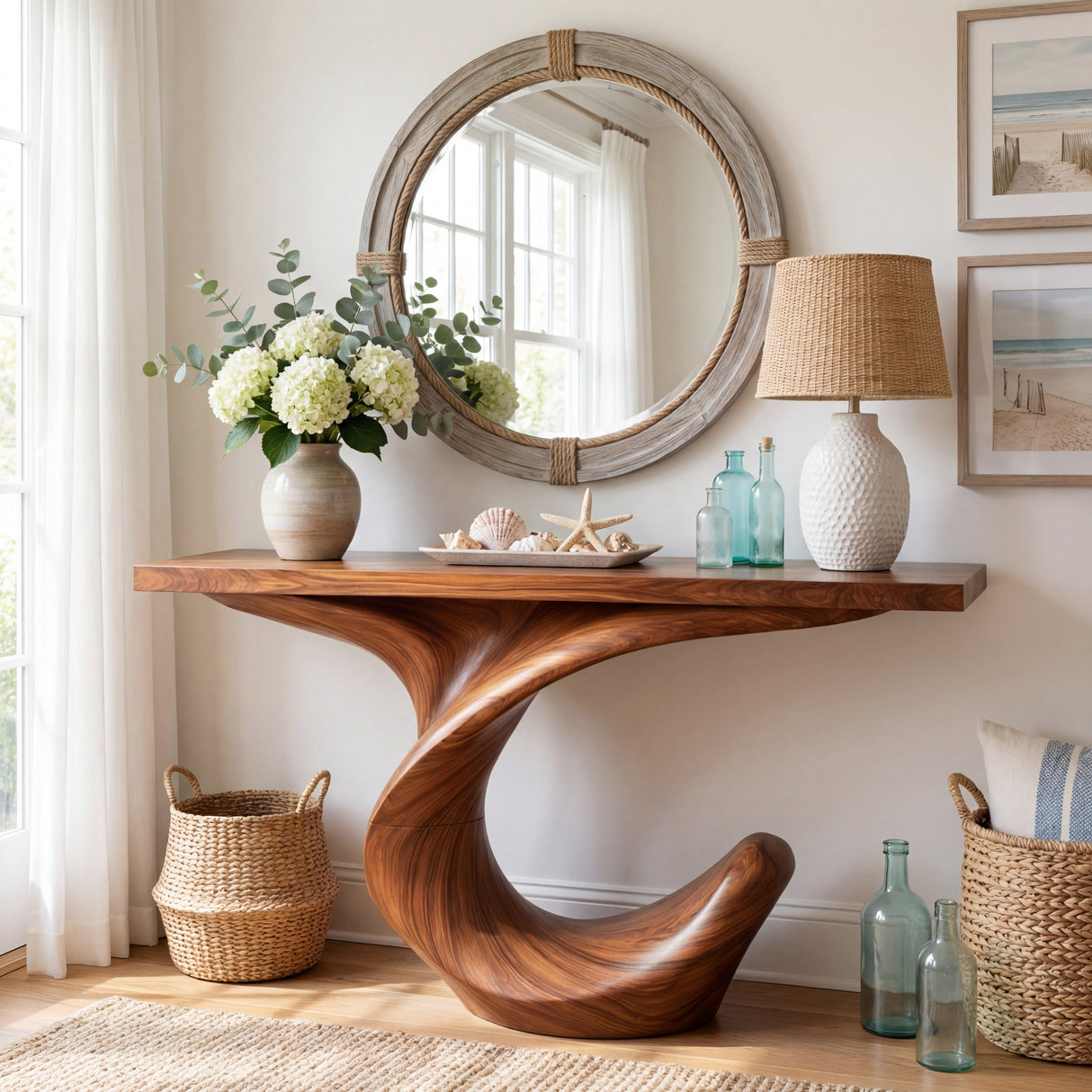 Crescent Twist Sculptural Solid Wood Console Table with Raised Curl Base