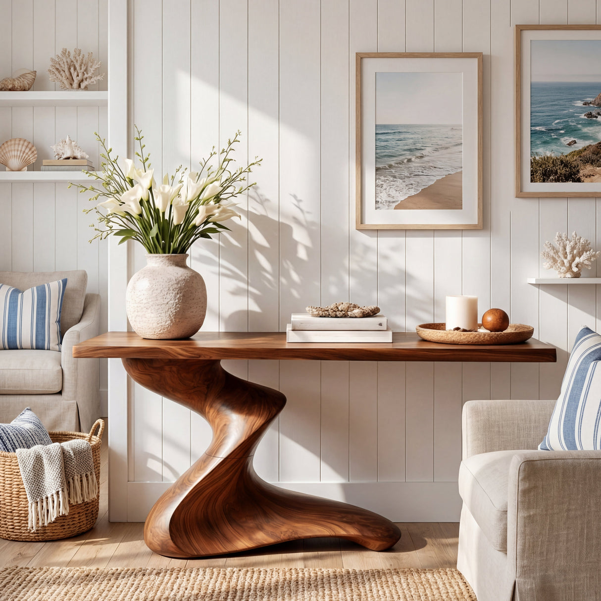 Low Spiral Sculptural Solid Wood Console Table with Grounded Sweep Base
