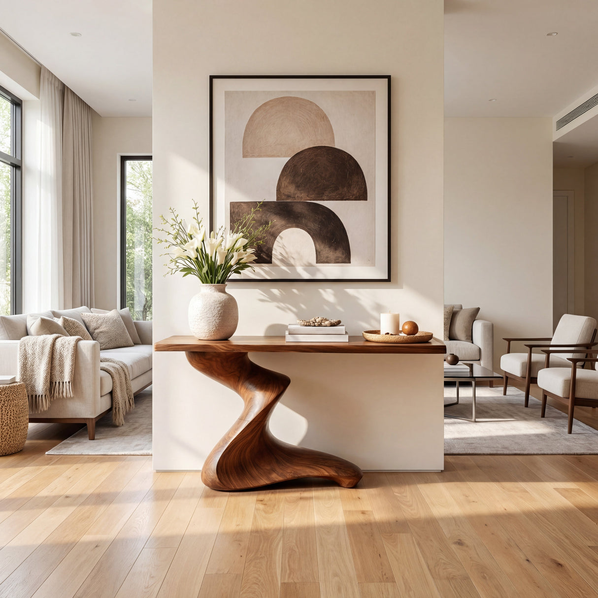 Low Spiral Sculptural Solid Wood Console Table with Grounded Sweep Base