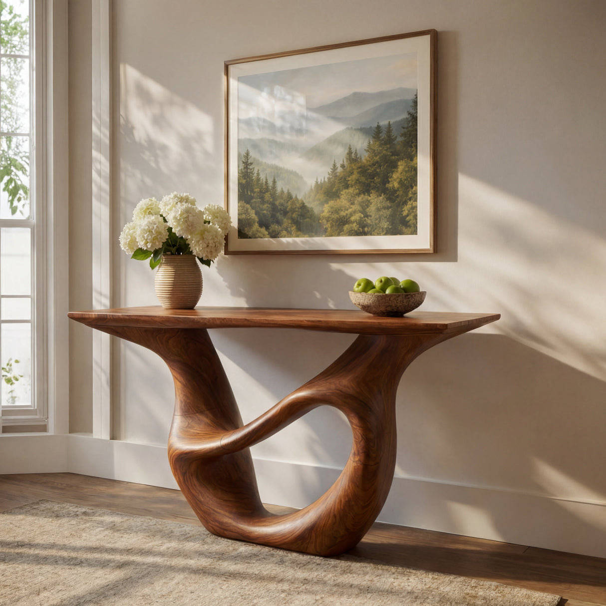 Sculptural Solid Wood Console Table with Open Oval Bridge Base