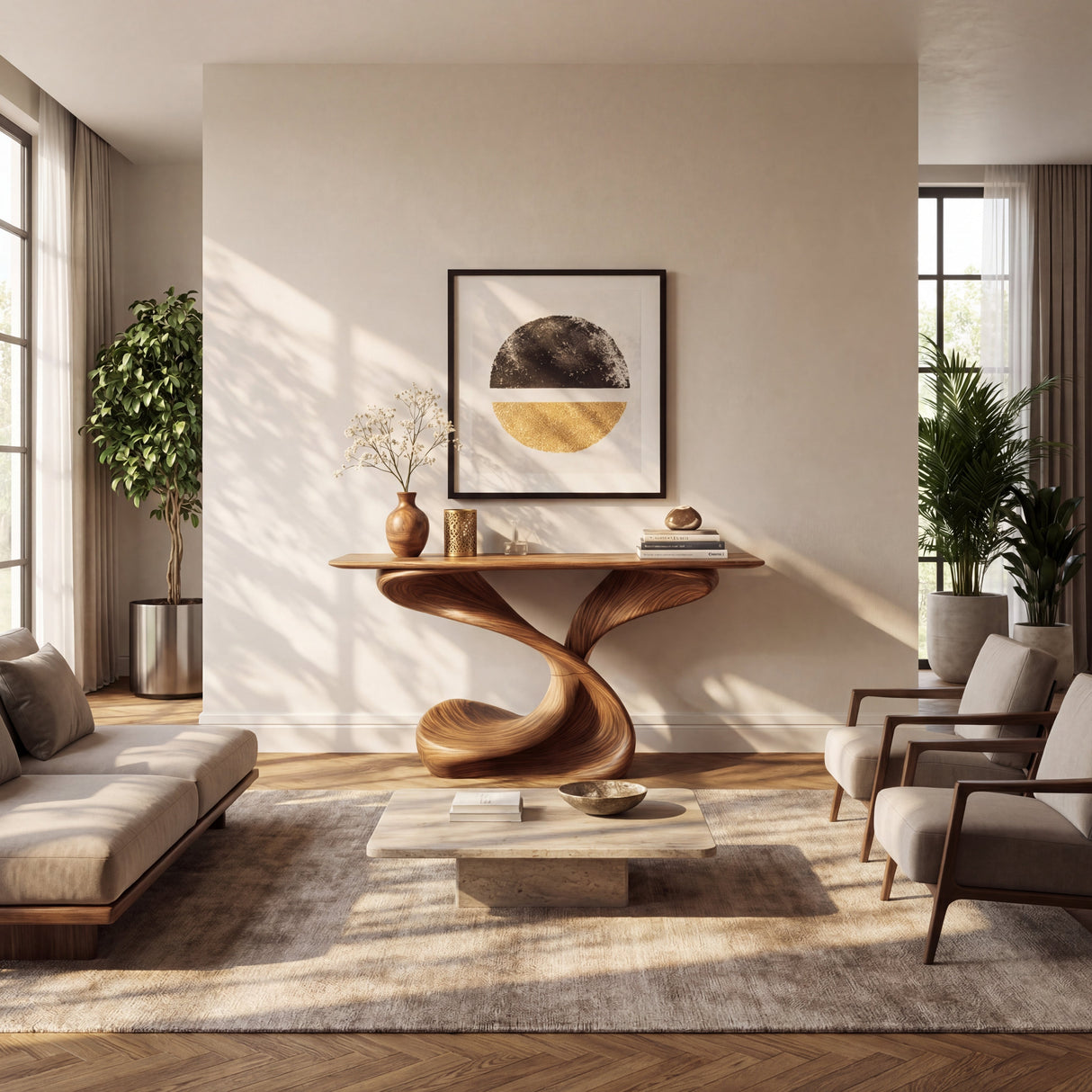 Sculptural Solid Wood Console Table with Helical Base