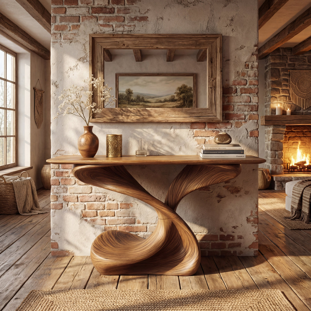 Sculptural Solid Wood Console Table with Helical Base