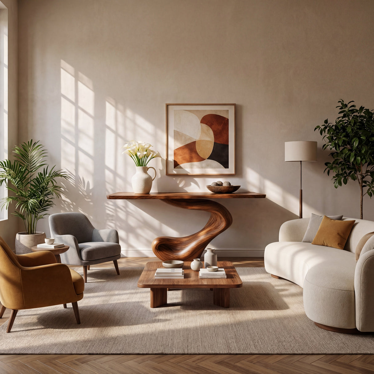 Scroll Wave Sculptural Solid Wood Console Table with Coiled Foot Base
