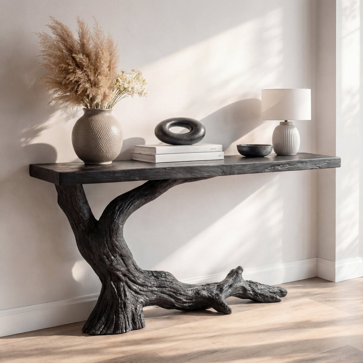 Sculptural Console Table with Charred Wood Inspired Branch Base