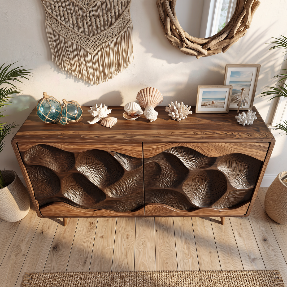 Solid Wood Sculpted Wave Credenza for Living Room and Dining Storage