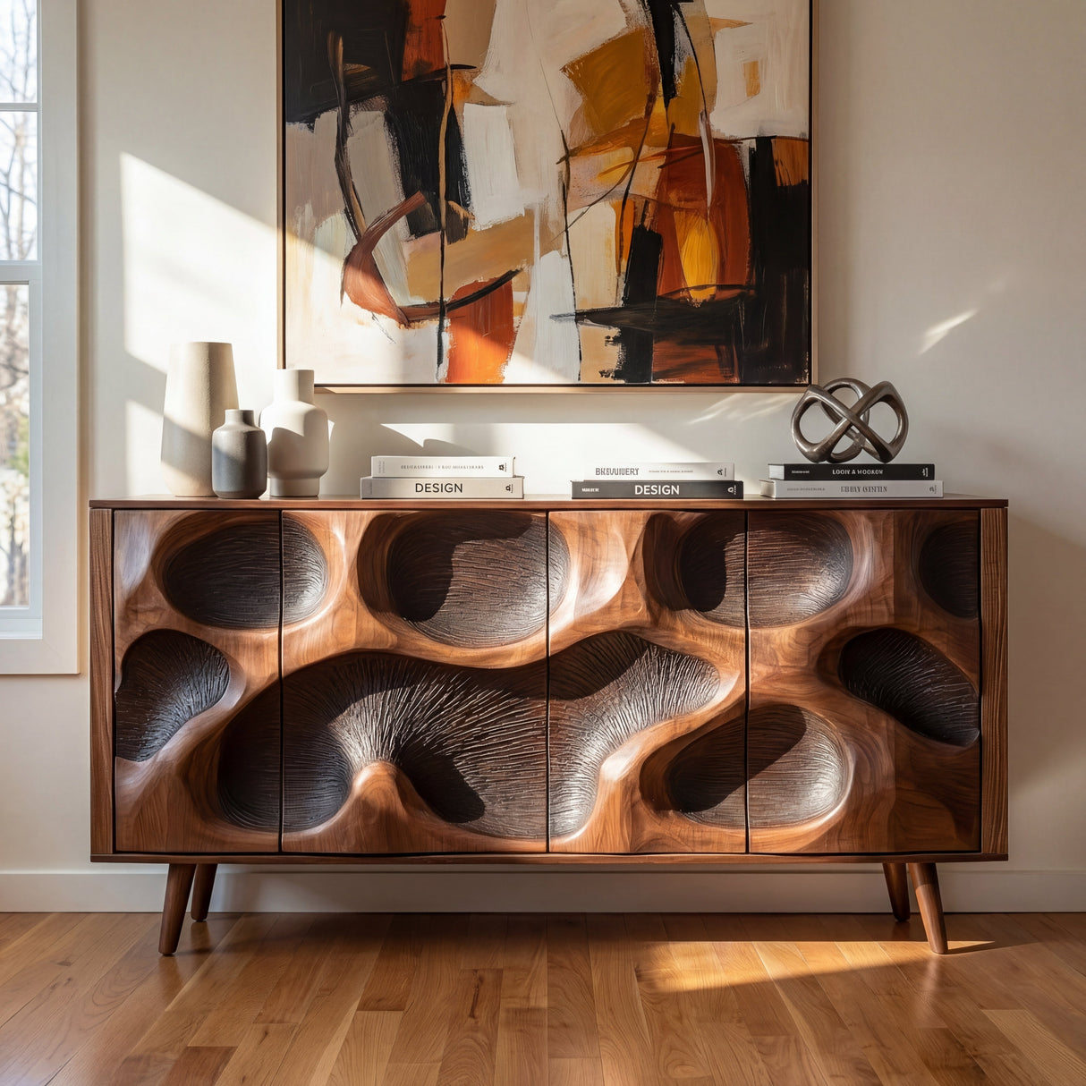 Organic Carved Solid Wood Credenza for Living Room and Dining Storage