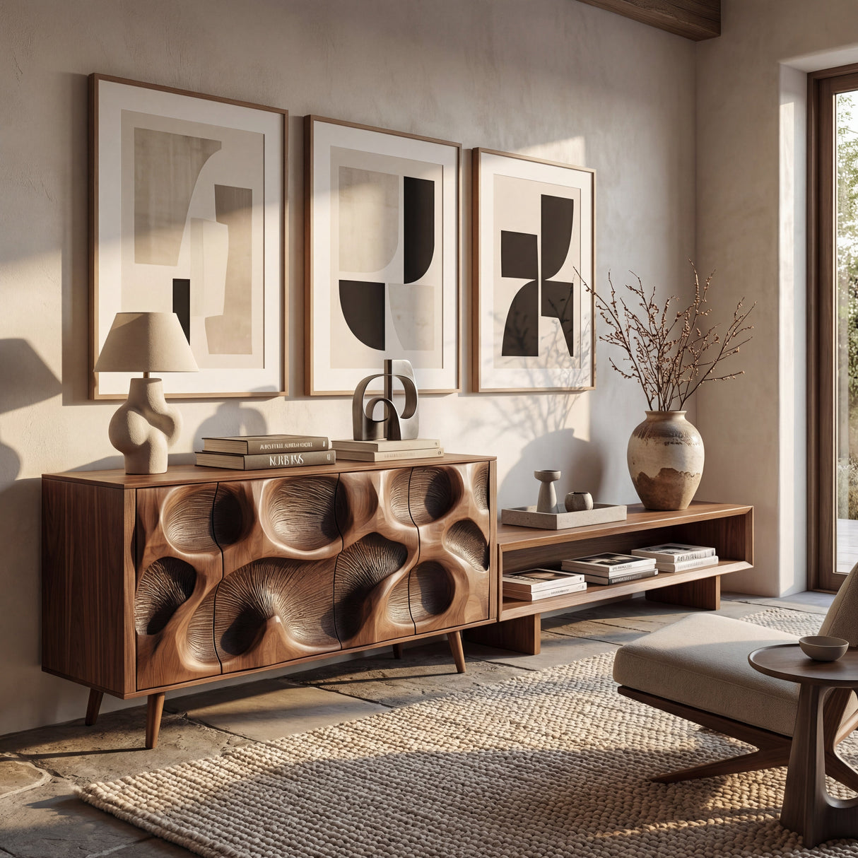 Organic Carved Solid Wood Credenza for Living Room and Dining Storage