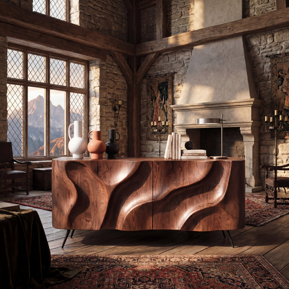 Sculpted Wavefront Solid Wood Credenza for Modern Living and Dining Rooms