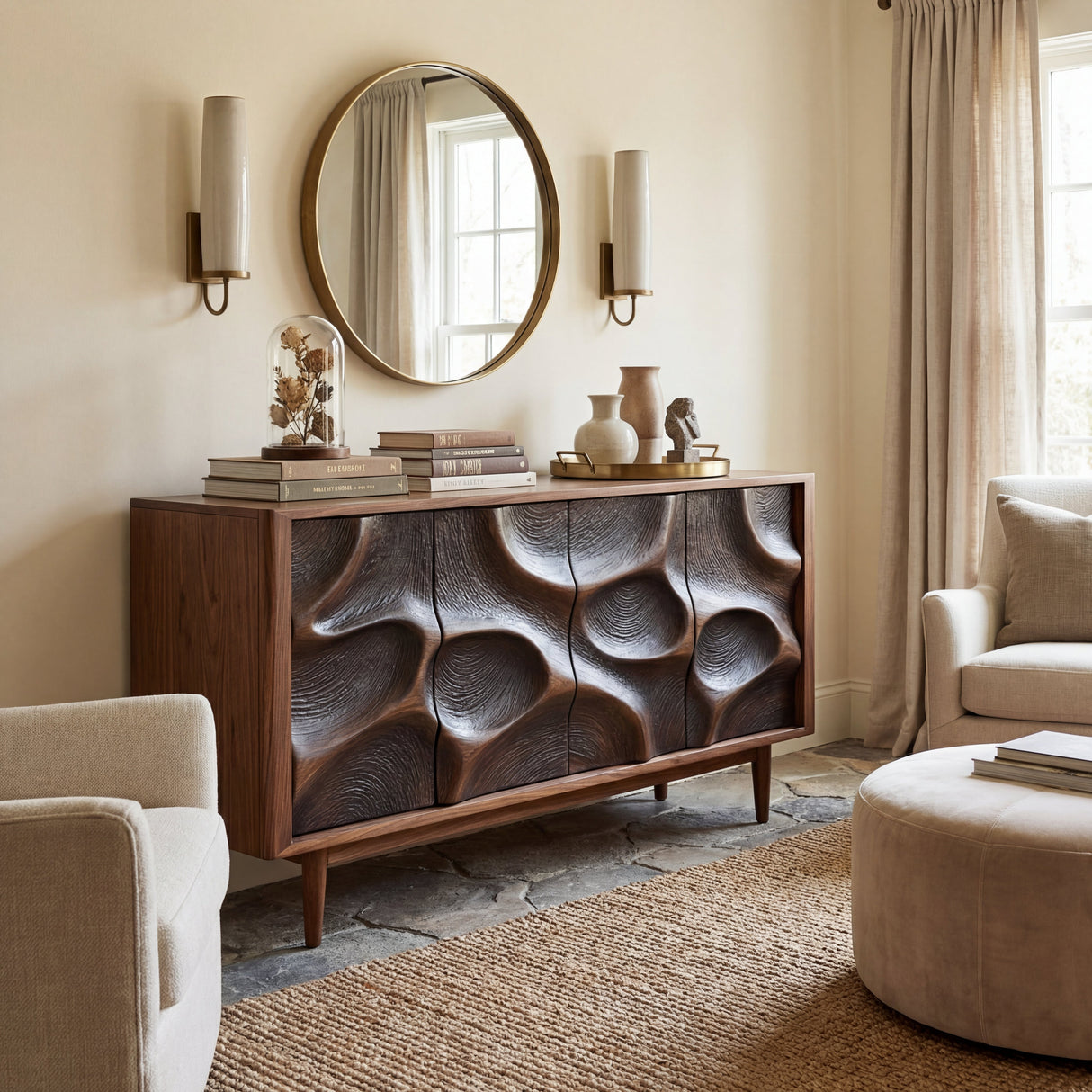 Sculpted Cavern Solid Wood Sideboard Cabinet for Living and Dining Room Storage