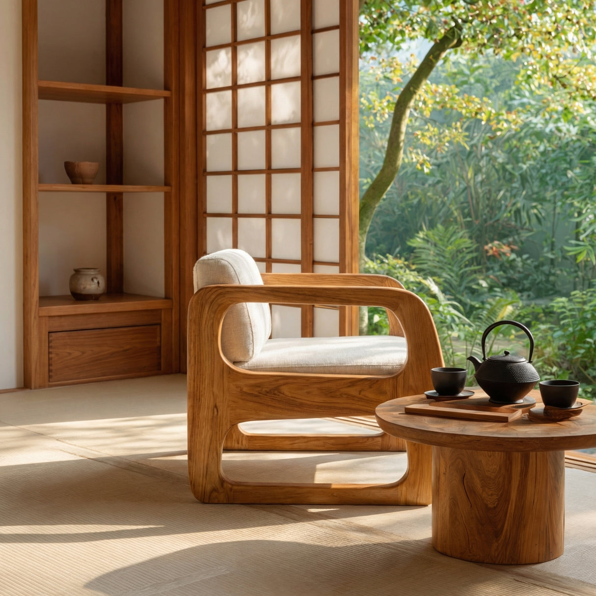 Modern Solid Wood Lounge Chair with Curved Armrests for Living Room