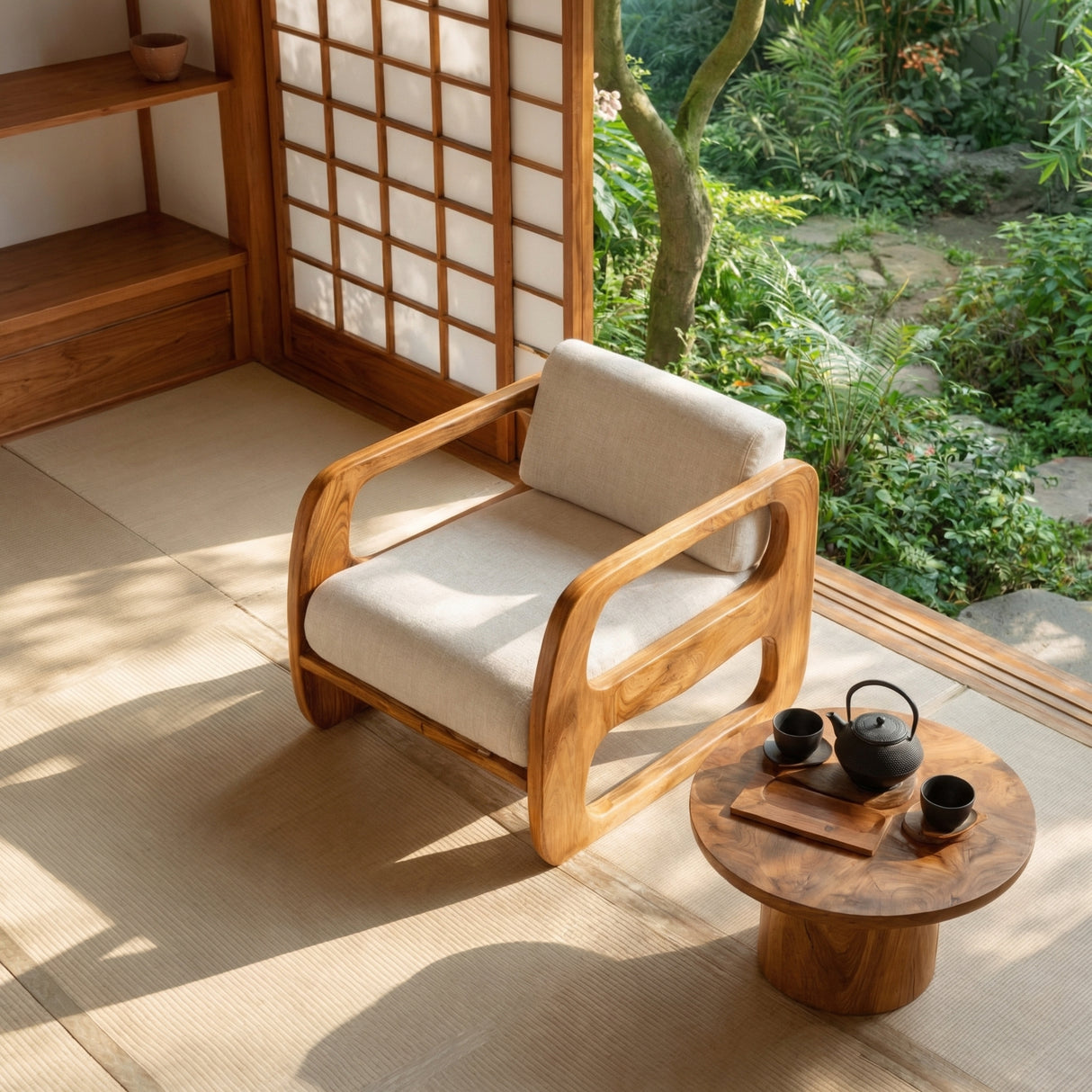 Modern Solid Wood Lounge Chair with Curved Armrests for Living Room