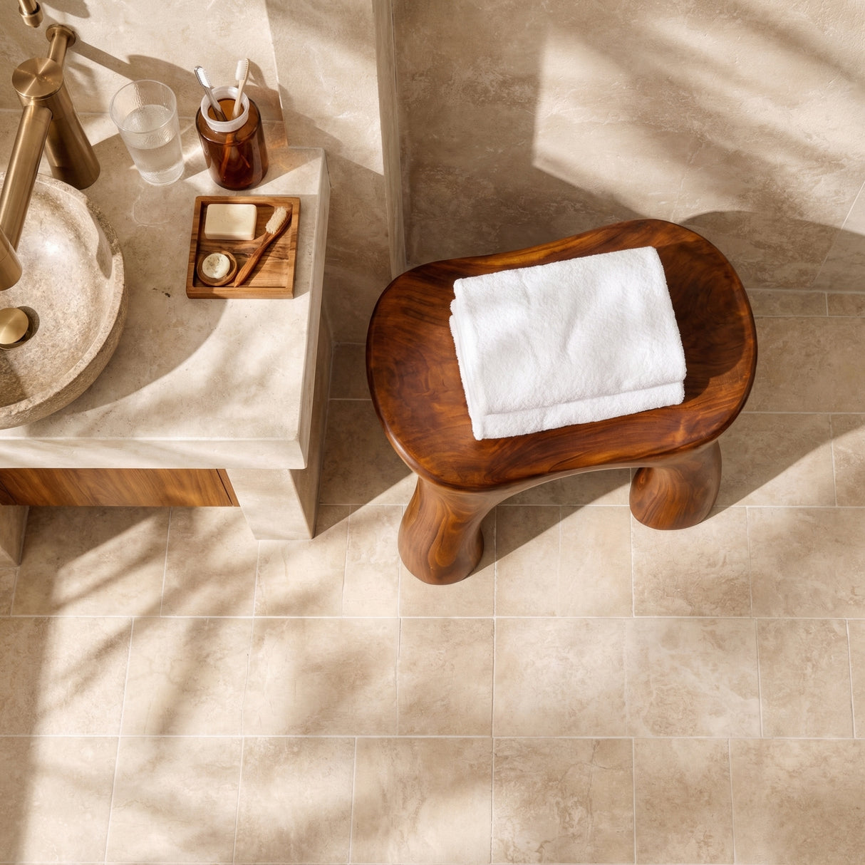 Solid Wood Shower Bench with Sculpted Organic Design for Bathroom Spa or Shower Space