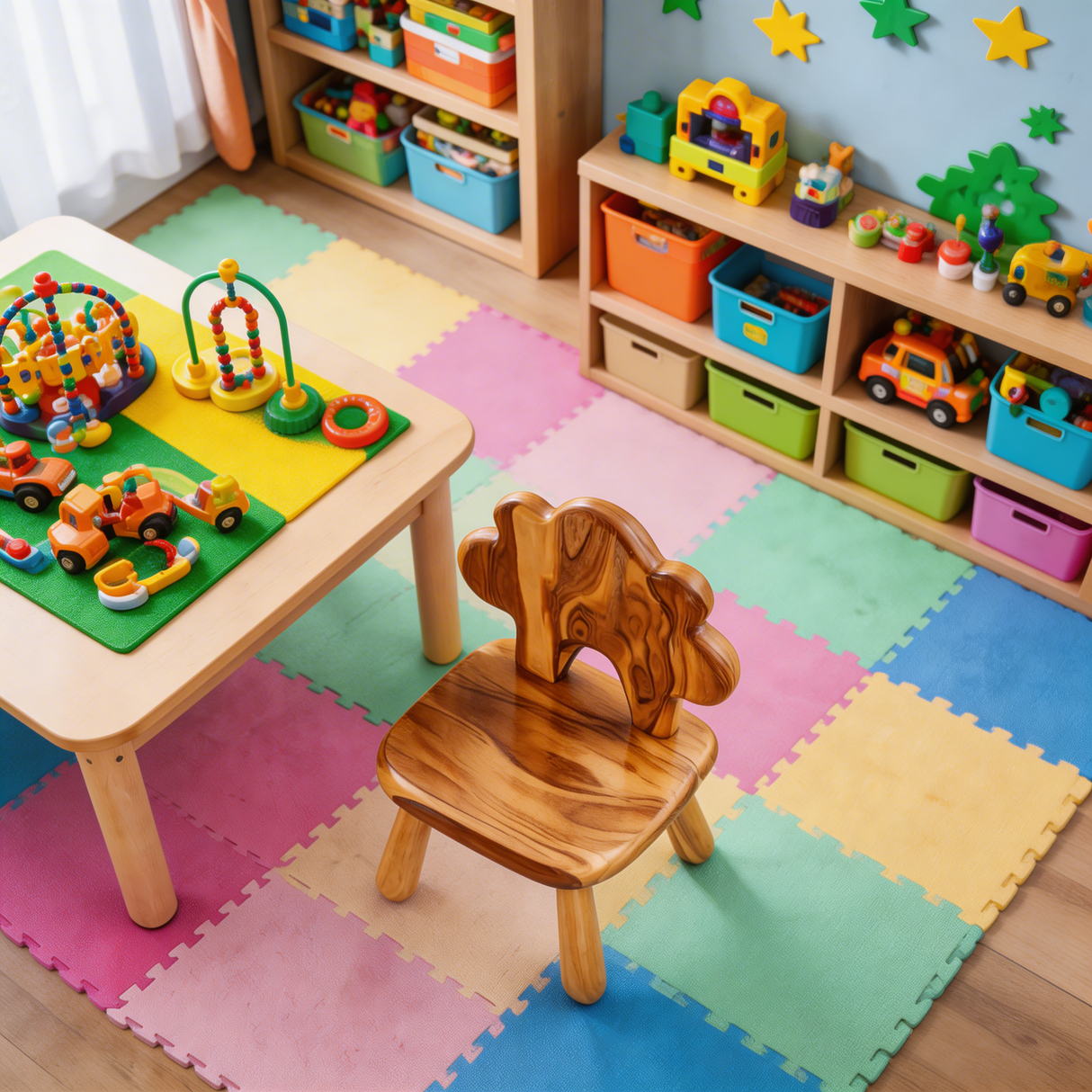 Solid Wood Kids Chair with Tree Shaped Backrest for Playroom or Learning Space