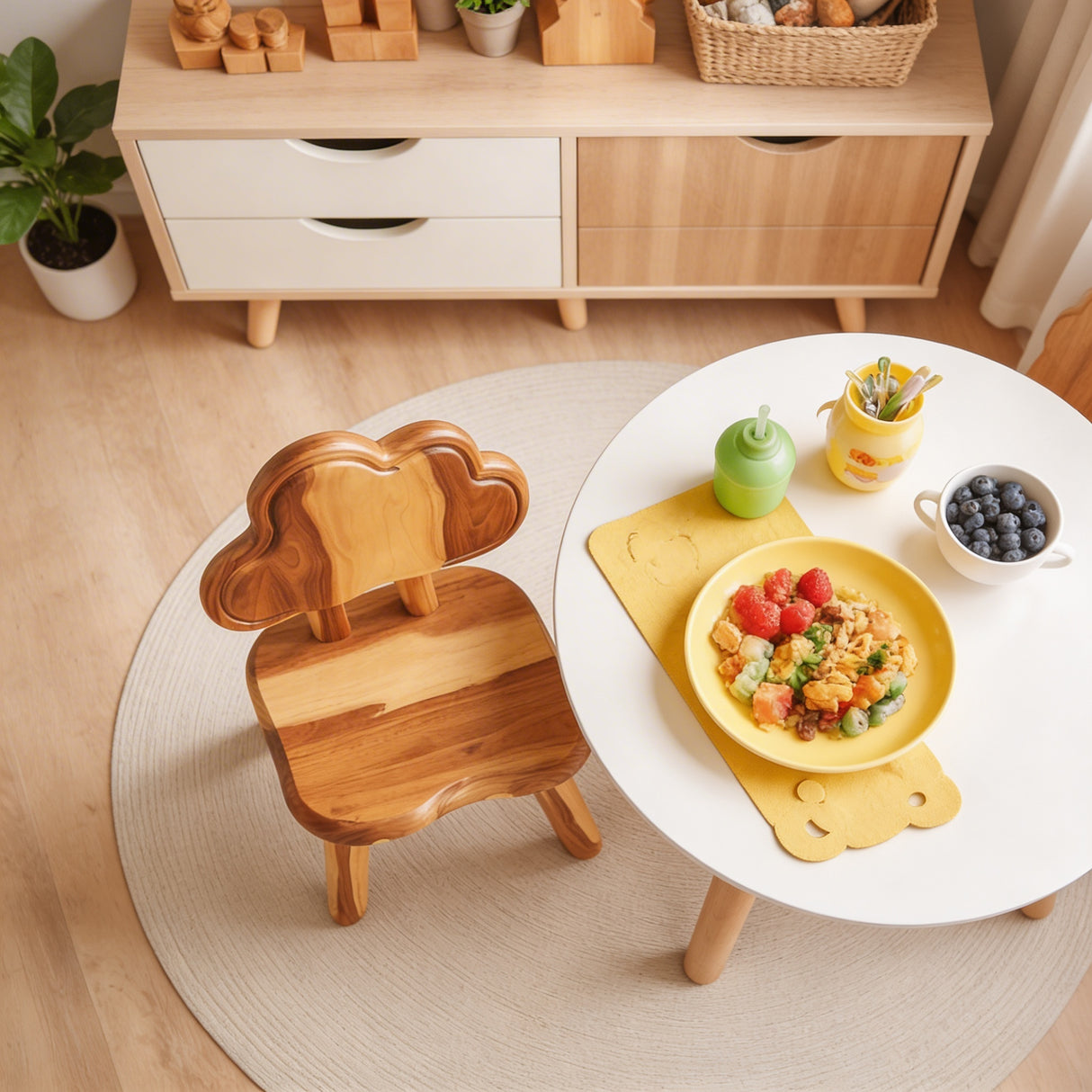 Solid Wood Kids Chair with Tree Shaped Backrest for Playroom, Dining Area or Nursery Space