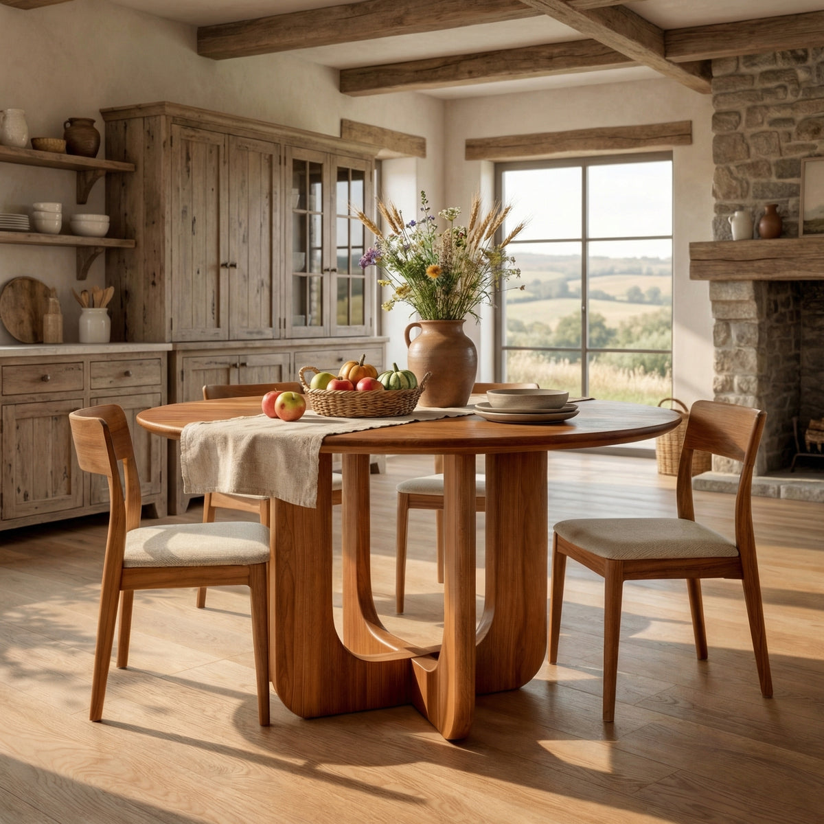 Round Solid Wood Dining Table with Sculpted U Shape Base for Dining Ro ...
