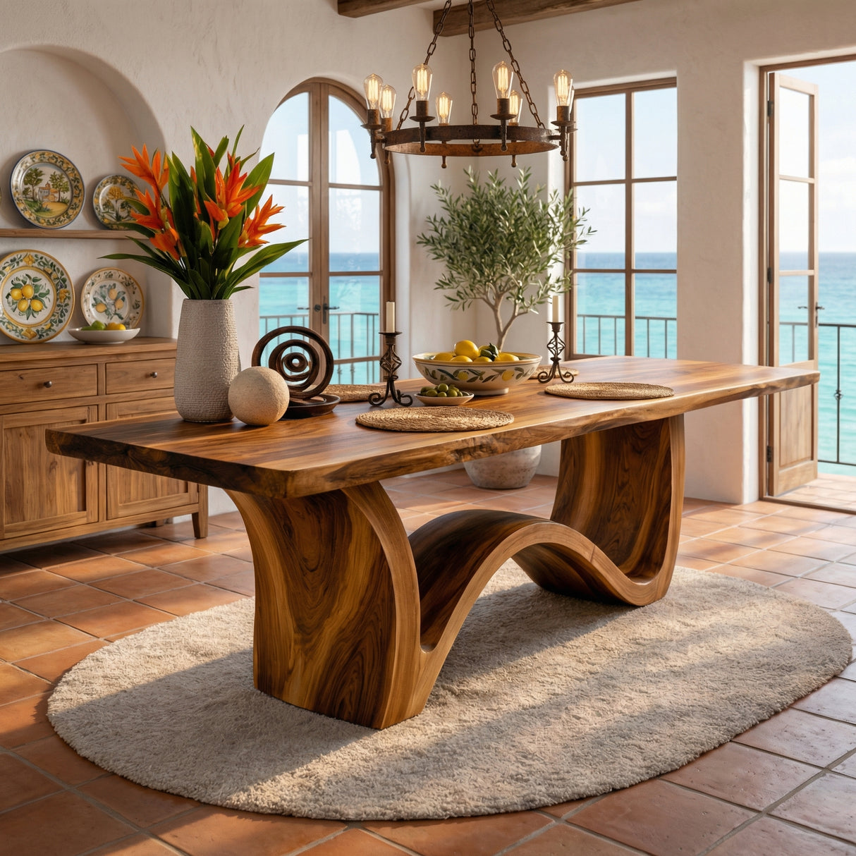 Live Edge Solid Wood Dining Table with Sculptural Curved Base for Dining Room