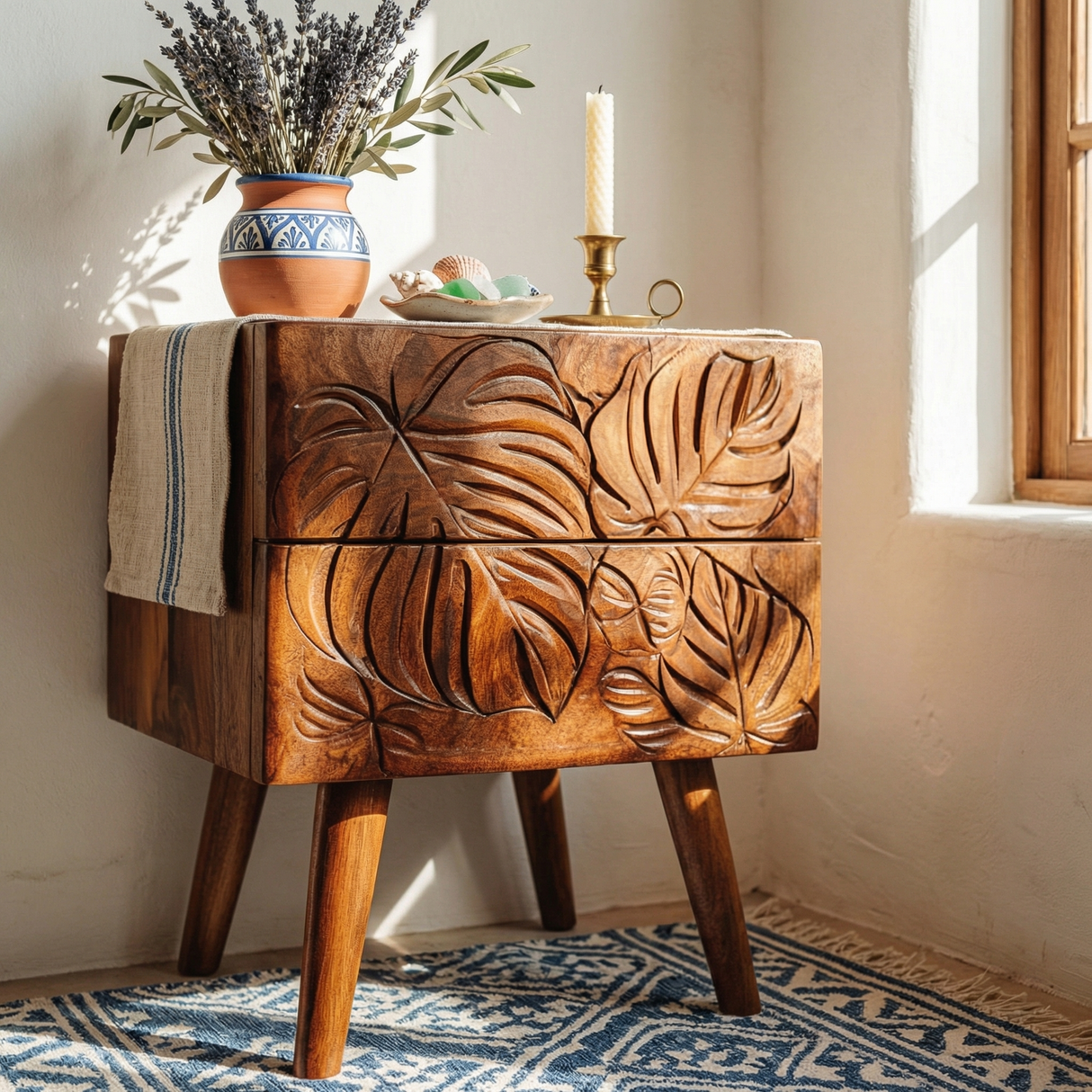 Handcrafted Solid Wood Nightstand with Tropical Leaf Carved Drawer Front