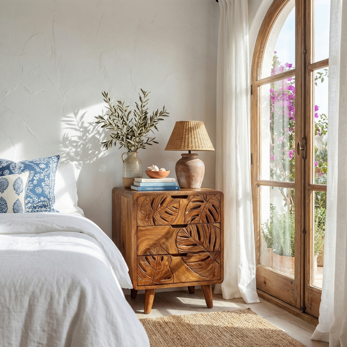 Handcrafted Solid Wood Bedside Cabinet with Tropical Leaf Carved Drawer Fronts