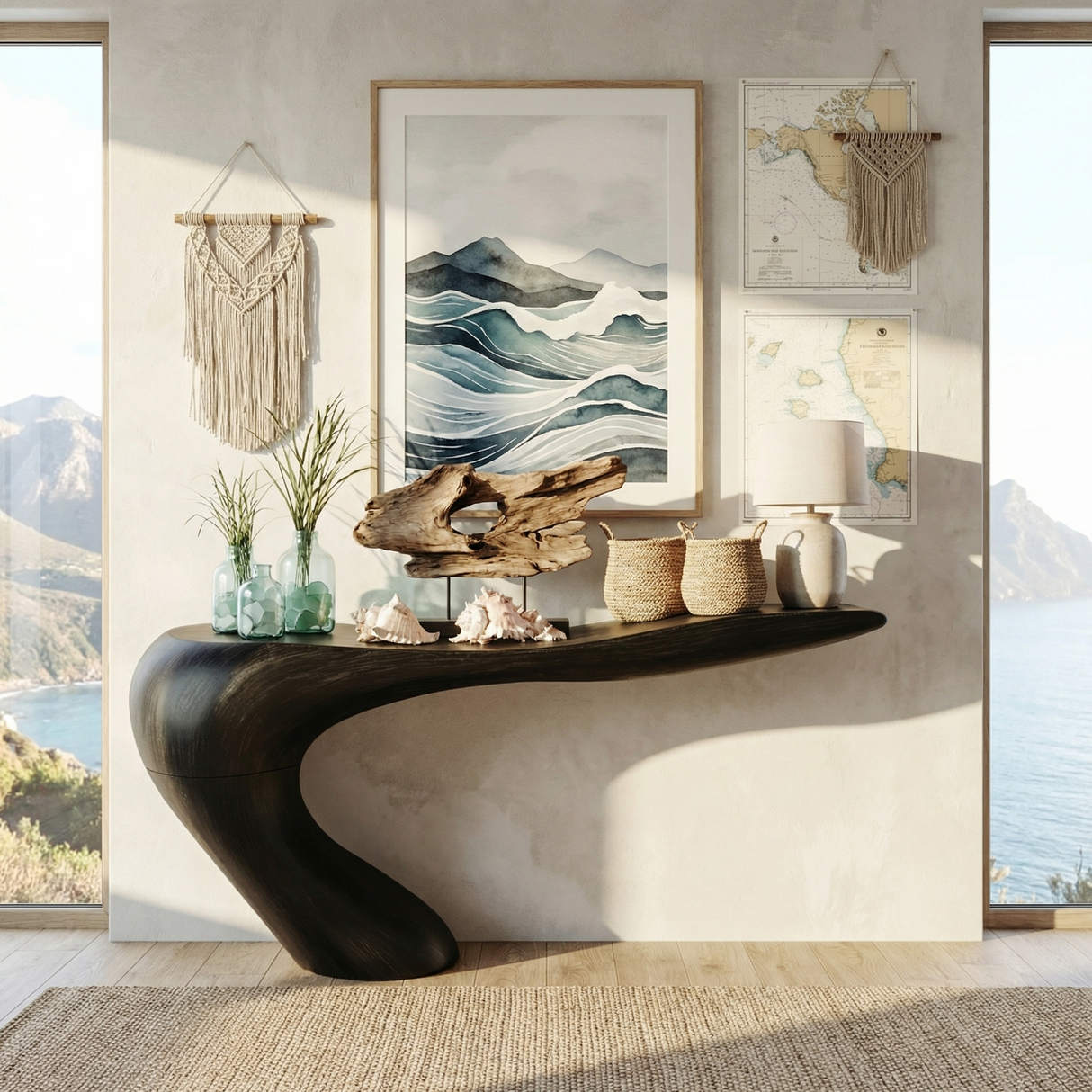 Handcrafted Solid Wood Sculptural Console Table with Curved Waterfall Base