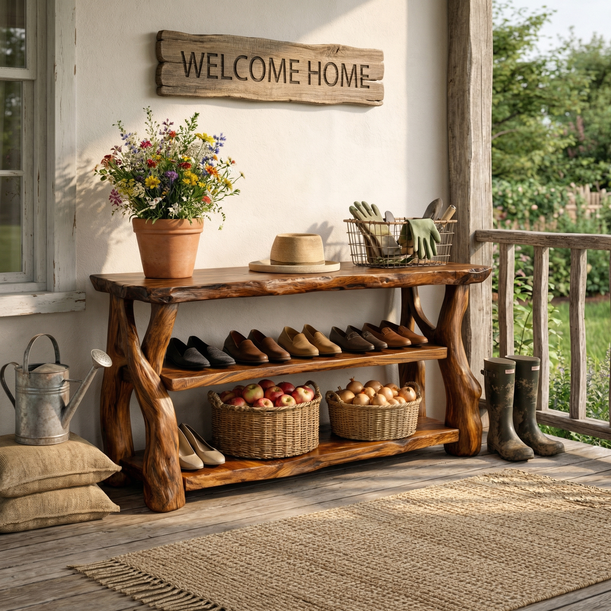 Handcrafted Solid Wood Shoe Rack Console with Rustic Live Edge Top and Open Shelving