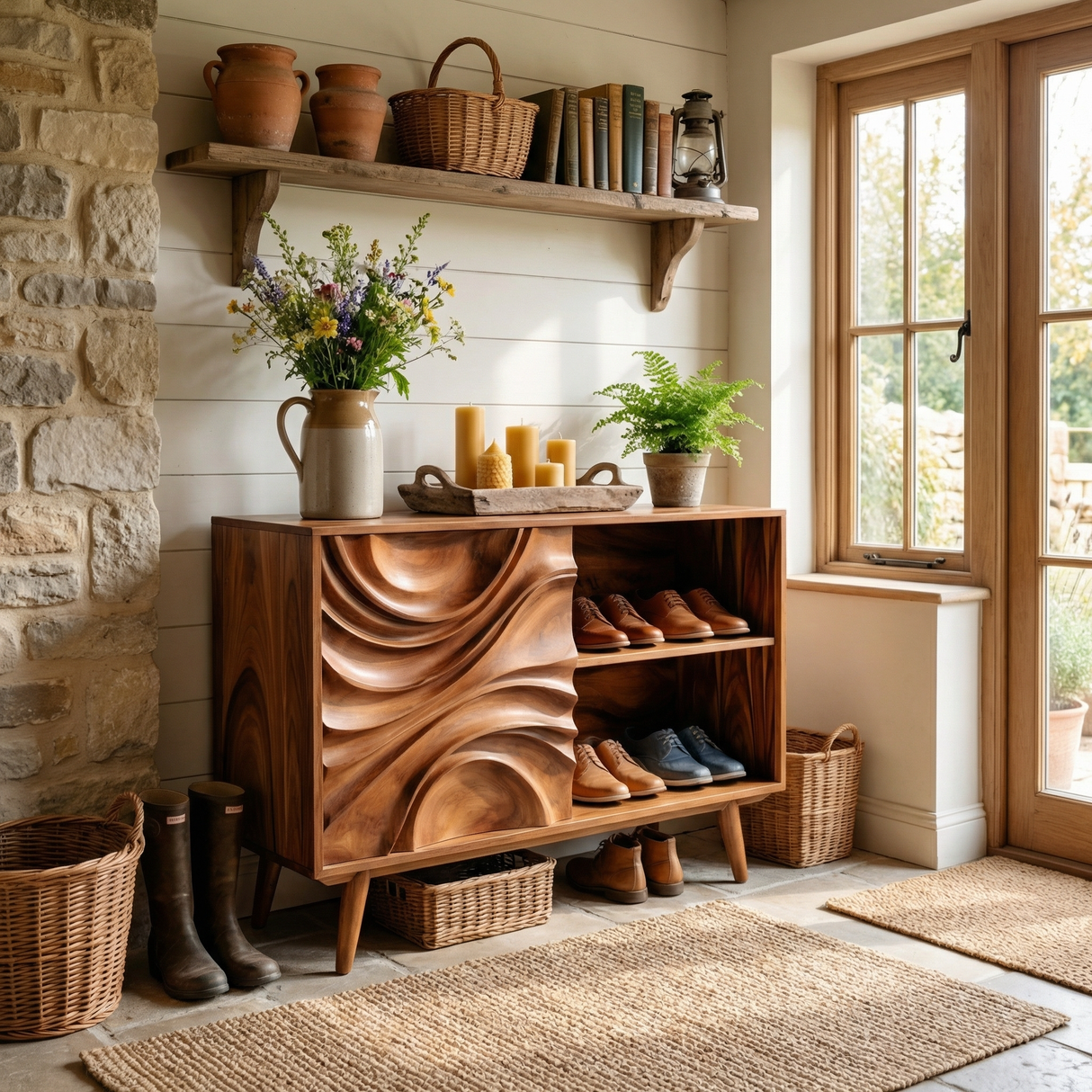 Handcrafted Solid Wood Shoe Cabinet with Sculptural Carved Door and Open Shelves for Entryway