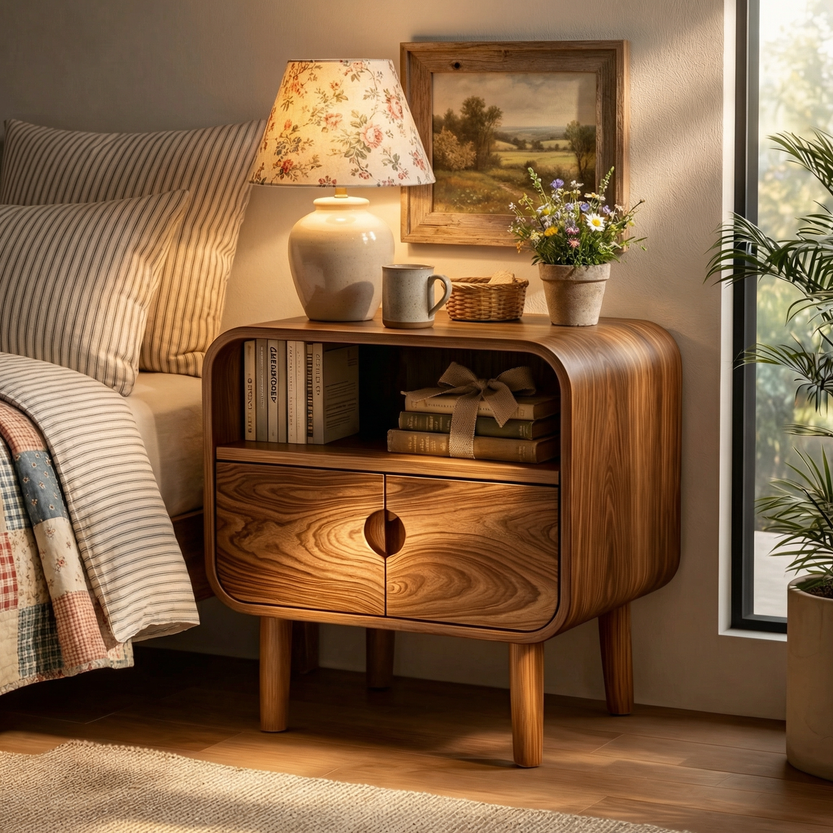 Solid Wood Nightstand with Double Door Storage and Open Shelf for Bedroom