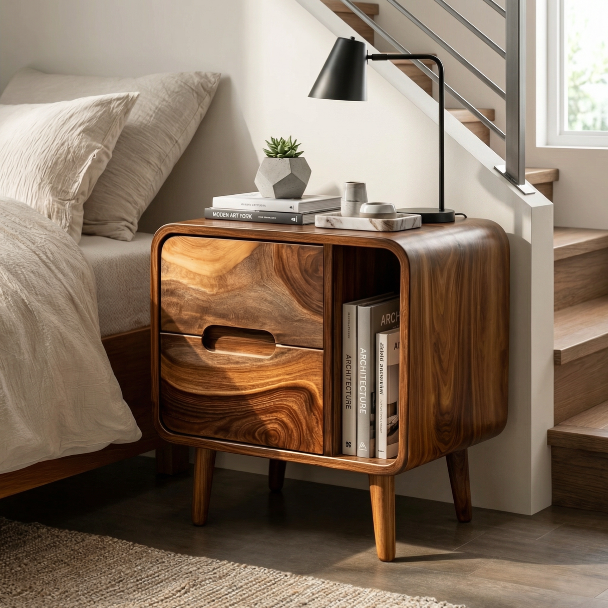 Handcrafted Solid Wood Nightstand with Drawer and Open Book Shelf for Bedroom
