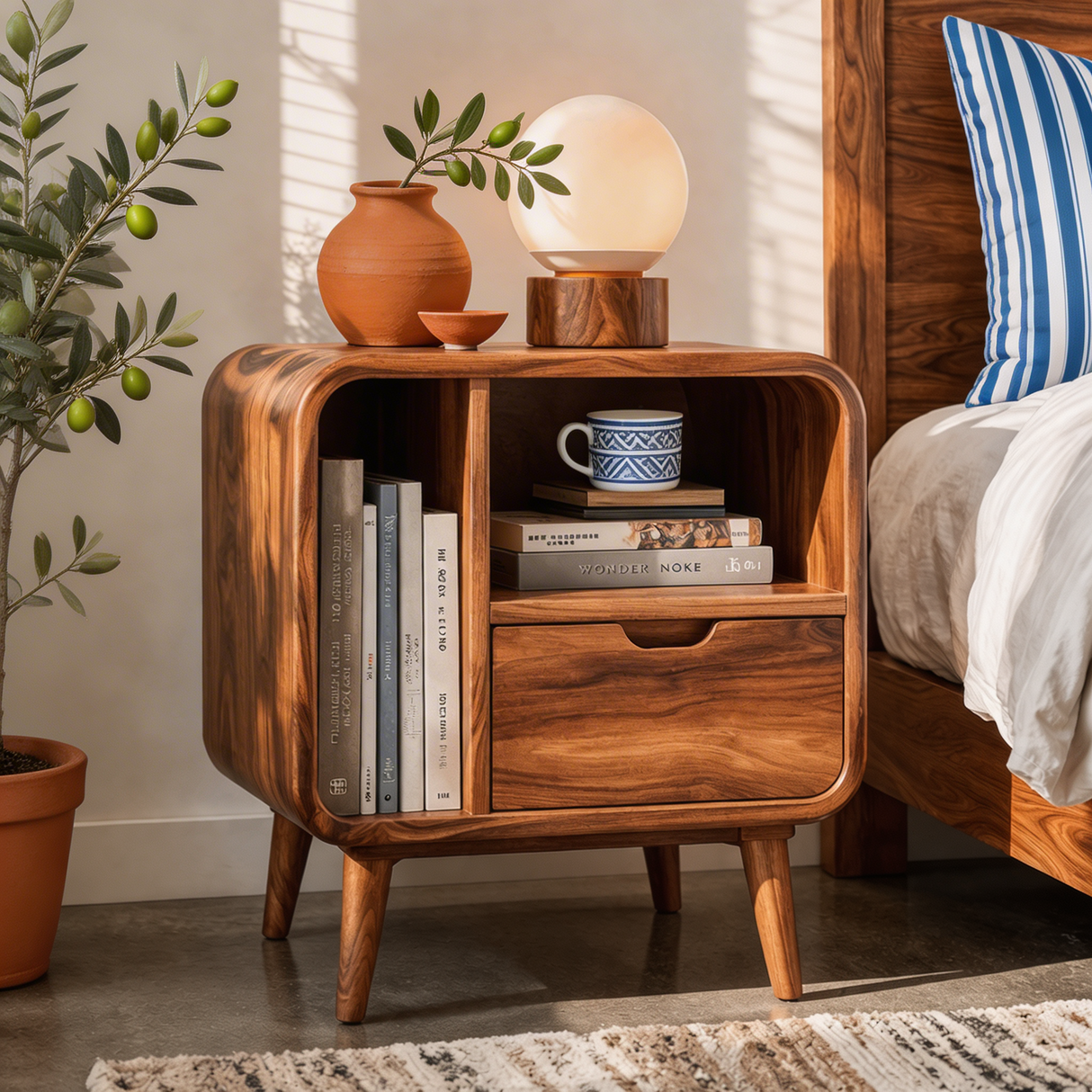Solid Wood Nightstand with Drawer and Open Side Storage for Bedroom