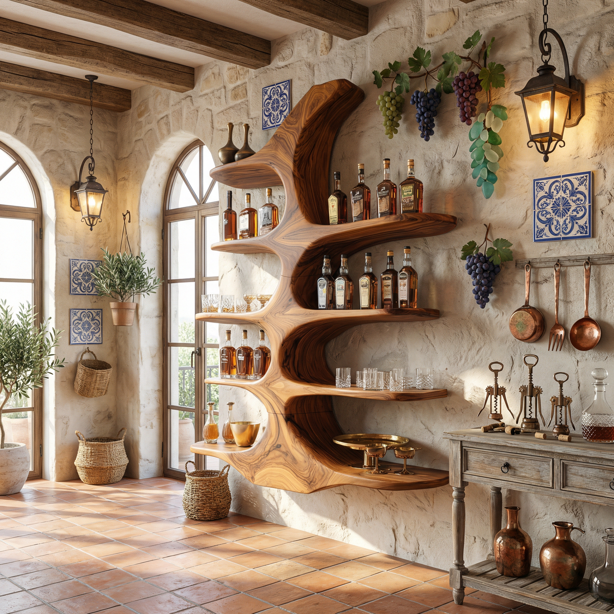 Handcrafted Solid Wood Wall Mounted Whiskey Shelf with Organic Branch Form