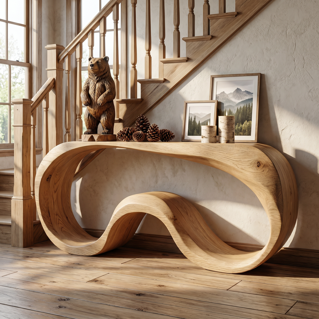 Organic Solid Wood Console Table with Continuous Wave Base