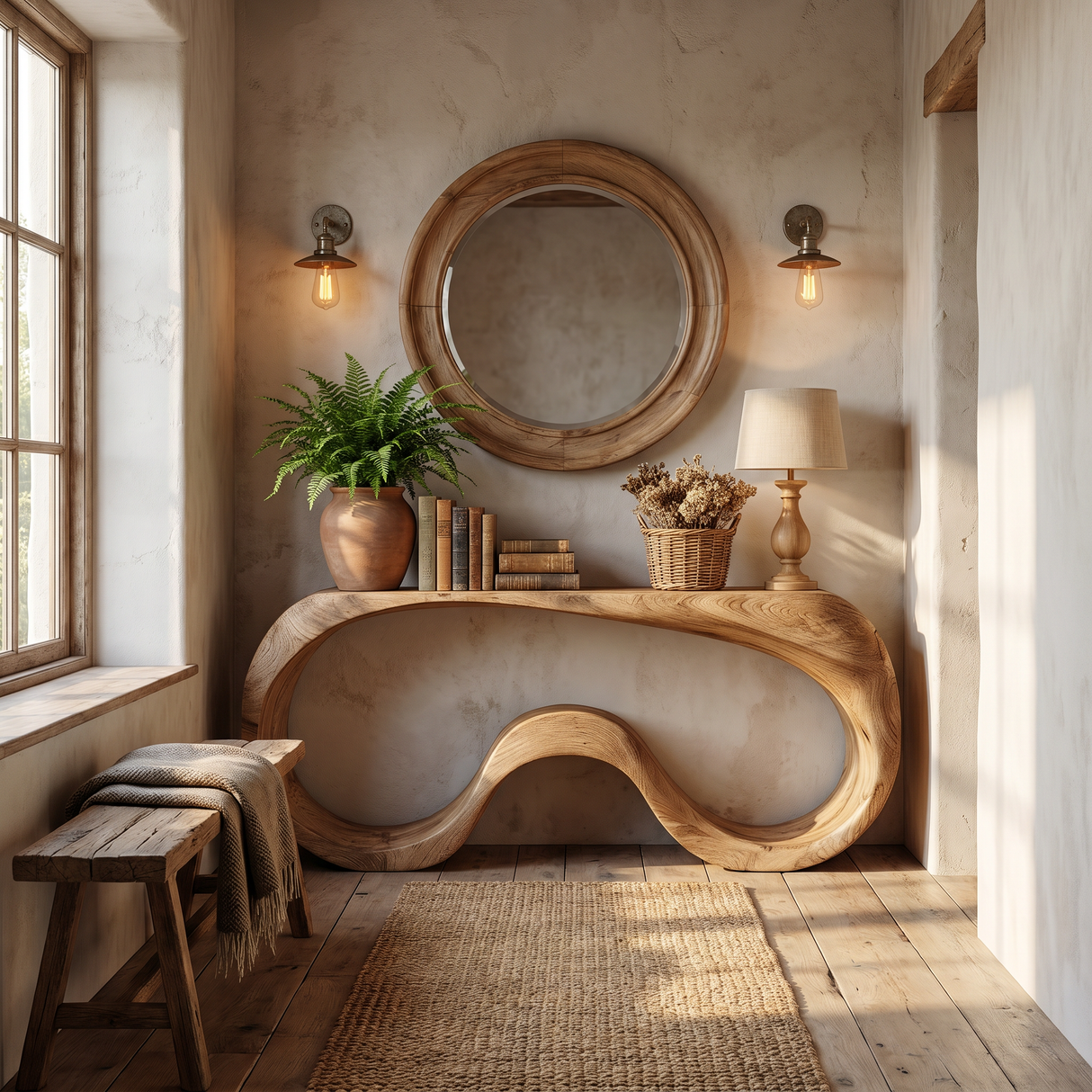 Organic Solid Wood Console Table with Continuous Wave Base