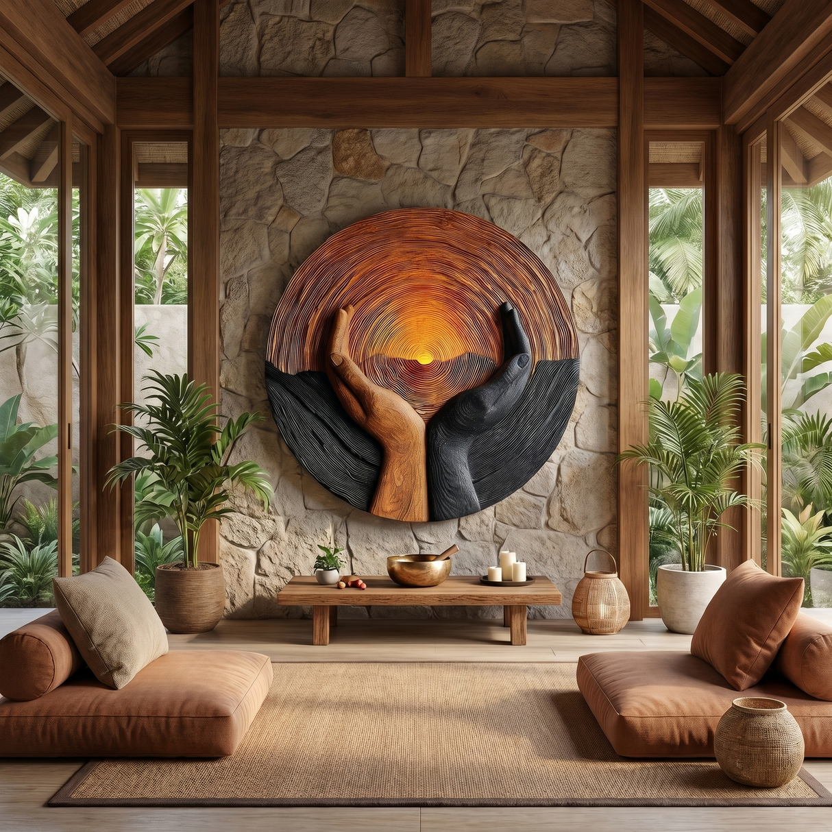 Solid Wood Wall Art with Protective Hands and Rising Sun Relief