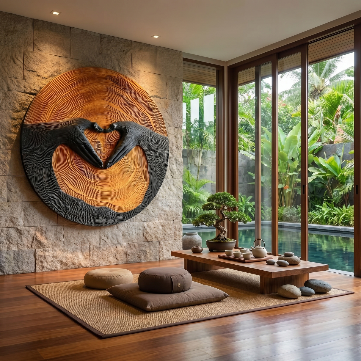 Solid Wood Wall Art with Heart Hands Relief Design