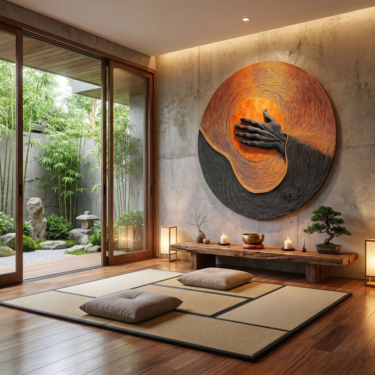 Handcrafted Solid Wood Wall Sculpture with Circular Relief and Expressive Hand Motif