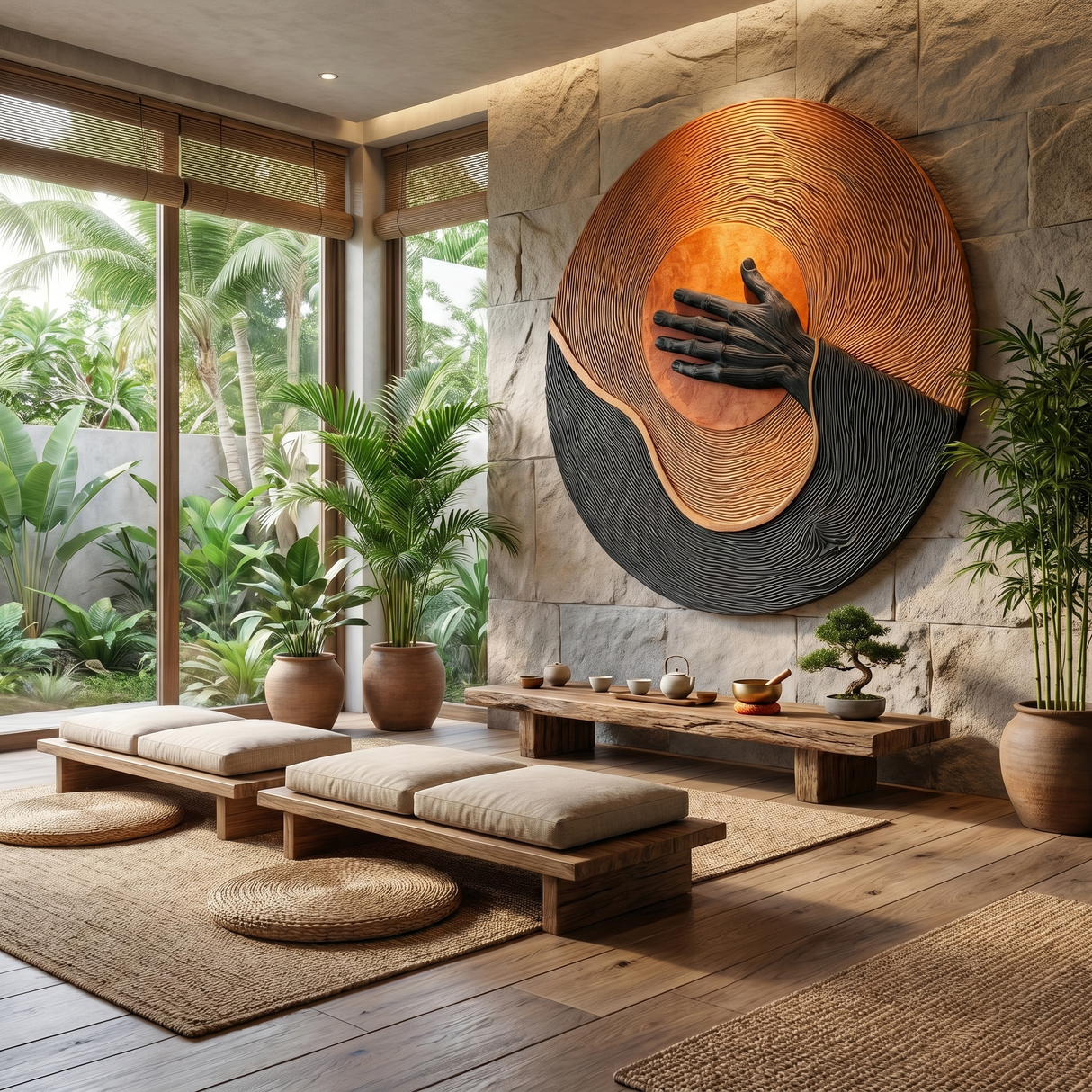 Handcrafted Solid Wood Wall Sculpture with Circular Relief and Expressive Hand Motif