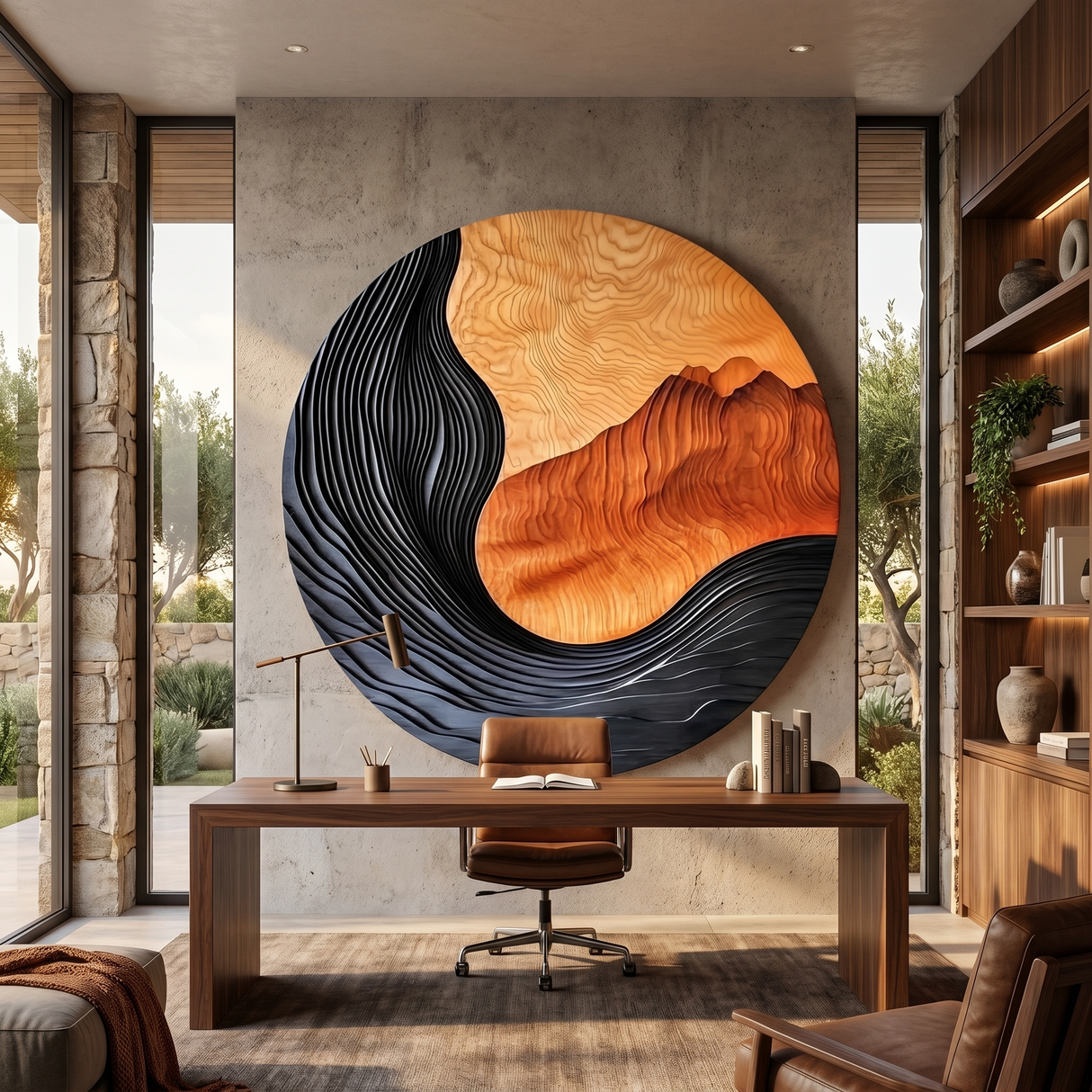 Handcrafted Solid Wood Wall Art with Circular Landscape Relief Design