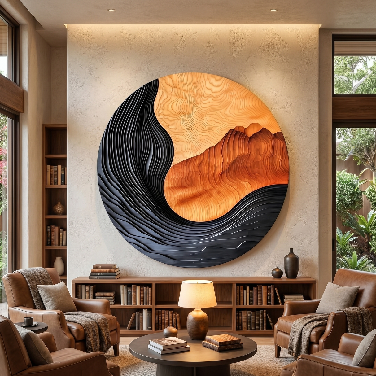 Handcrafted Solid Wood Wall Art with Circular Landscape Relief Design