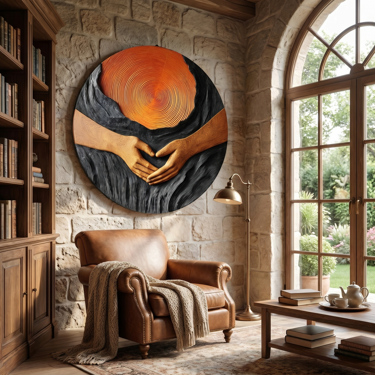 Handcrafted Solid Wood Wall Sculpture with Circular Relief and Joined Hands Motif