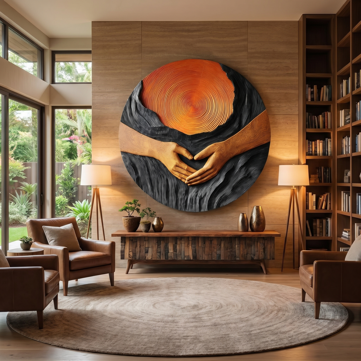 Handcrafted Solid Wood Wall Sculpture with Circular Relief and Joined Hands Motif