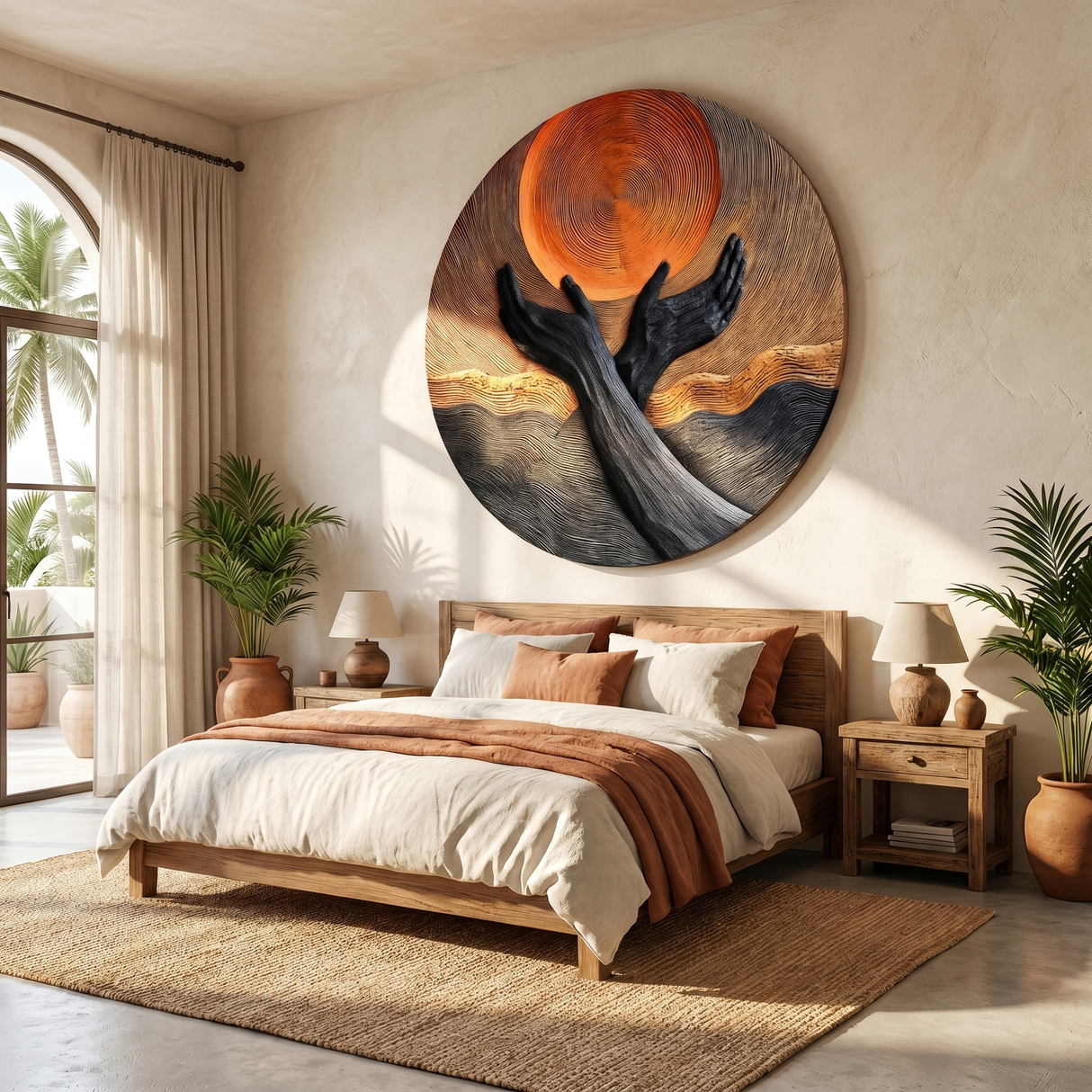 Handcrafted Solid Wood Wall Art with Circular Relief and Rising Hands Motif
