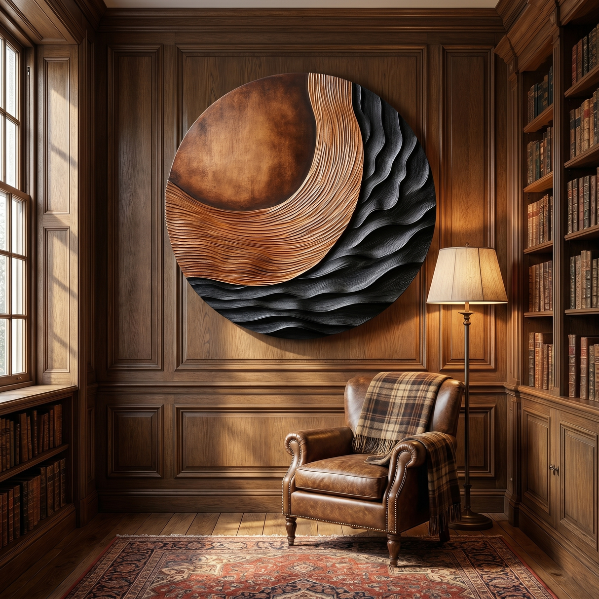 Handcrafted Solid Wood Wall Art with Circular Relief and Flowing Wave Design