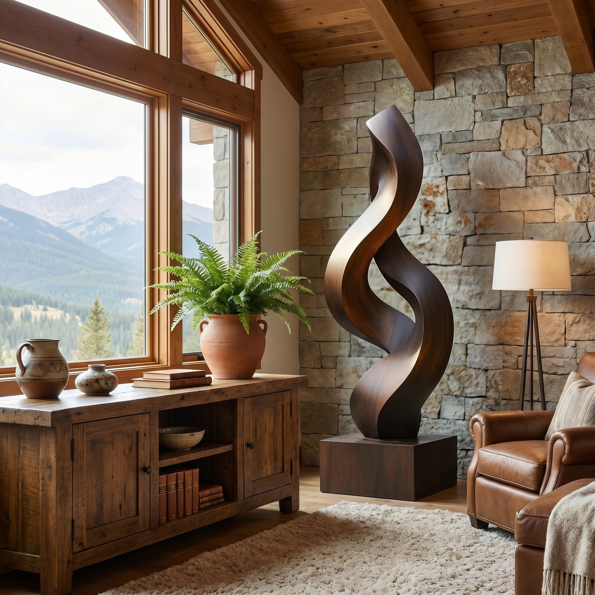 Handcrafted Solid Wood Outdoor Sculpture with Twisting Ribbon Form