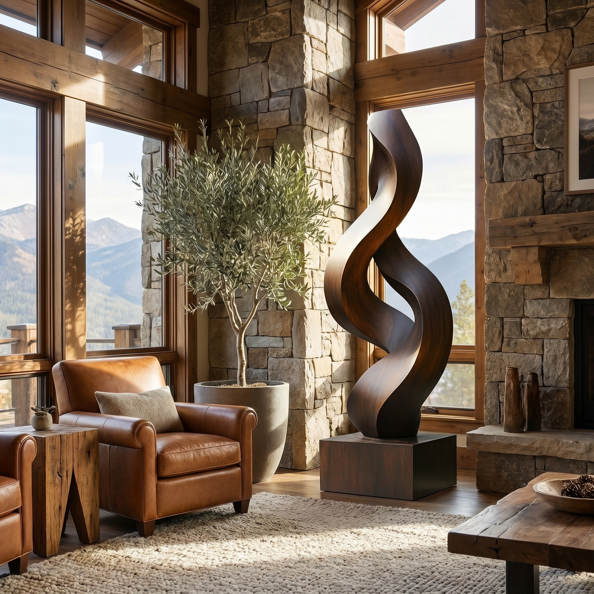 Handcrafted Solid Wood Outdoor Sculpture with Twisting Ribbon Form