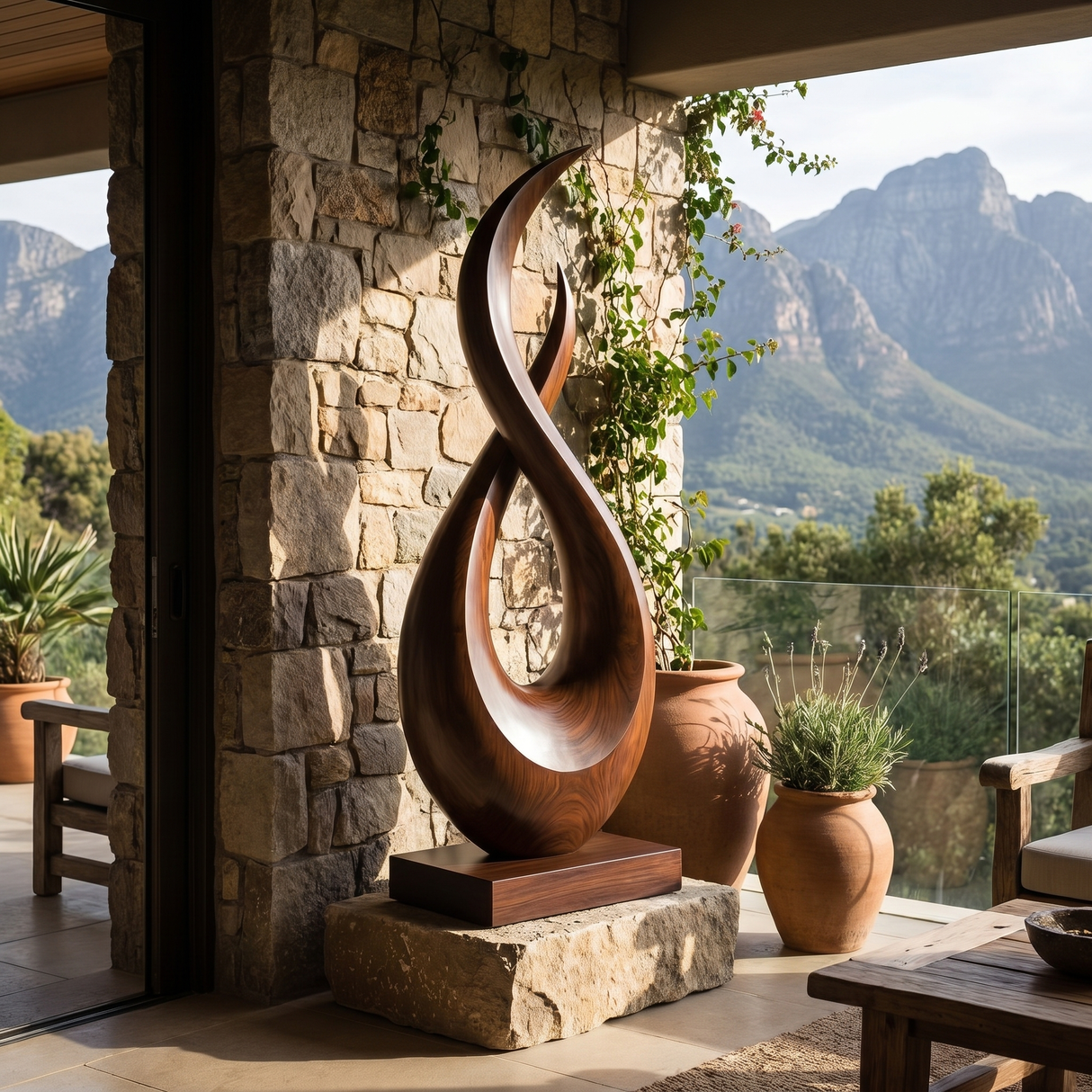 Handcrafted Solid Wood Floor Sculpture with Intertwined Teardrop Form