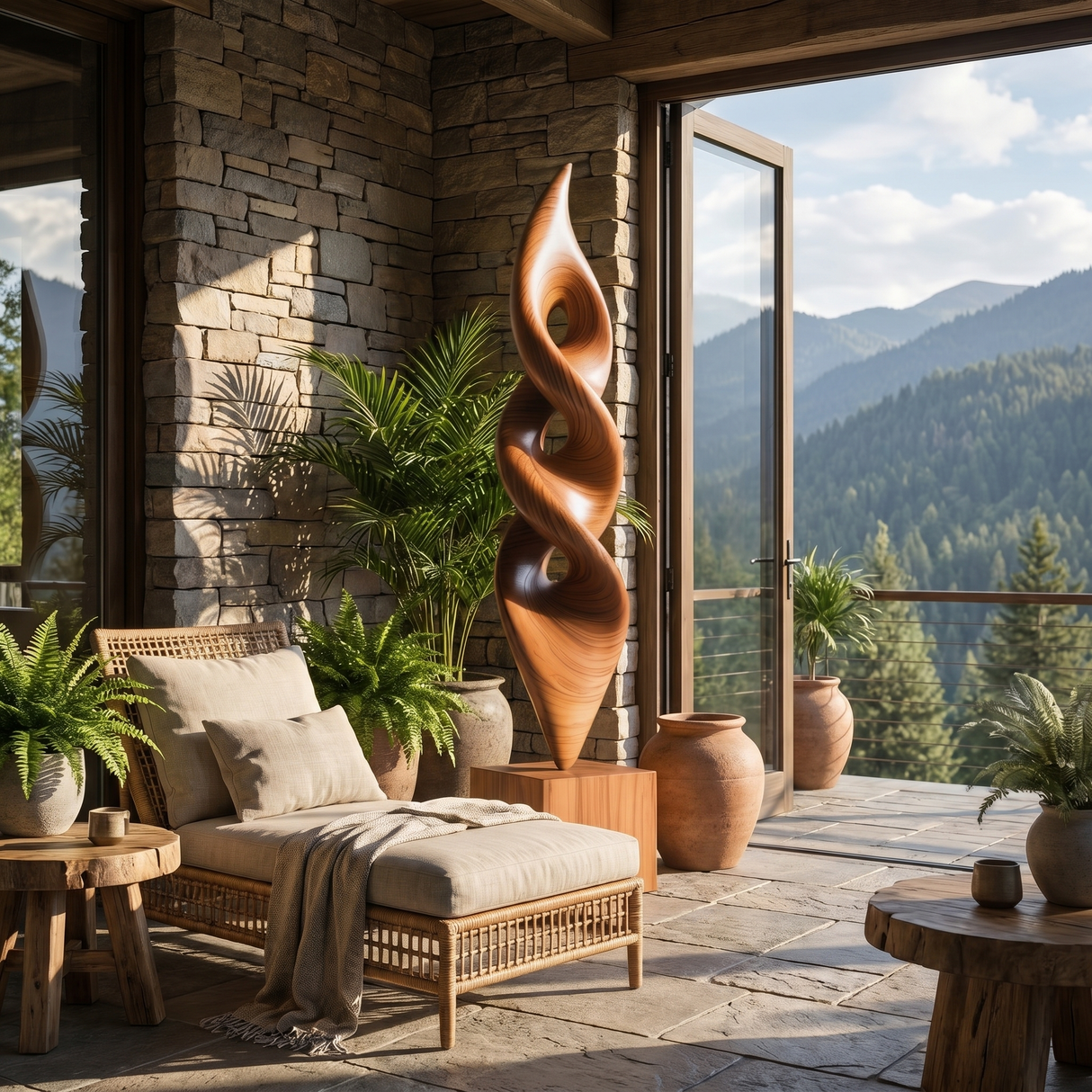 Handcrafted Solid Wood Floor Sculpture with Stacked Spiral Openings