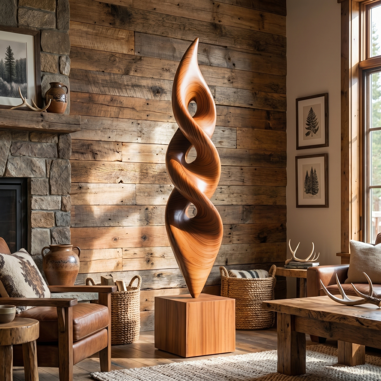 Handcrafted Solid Wood Floor Sculpture with Stacked Spiral Openings