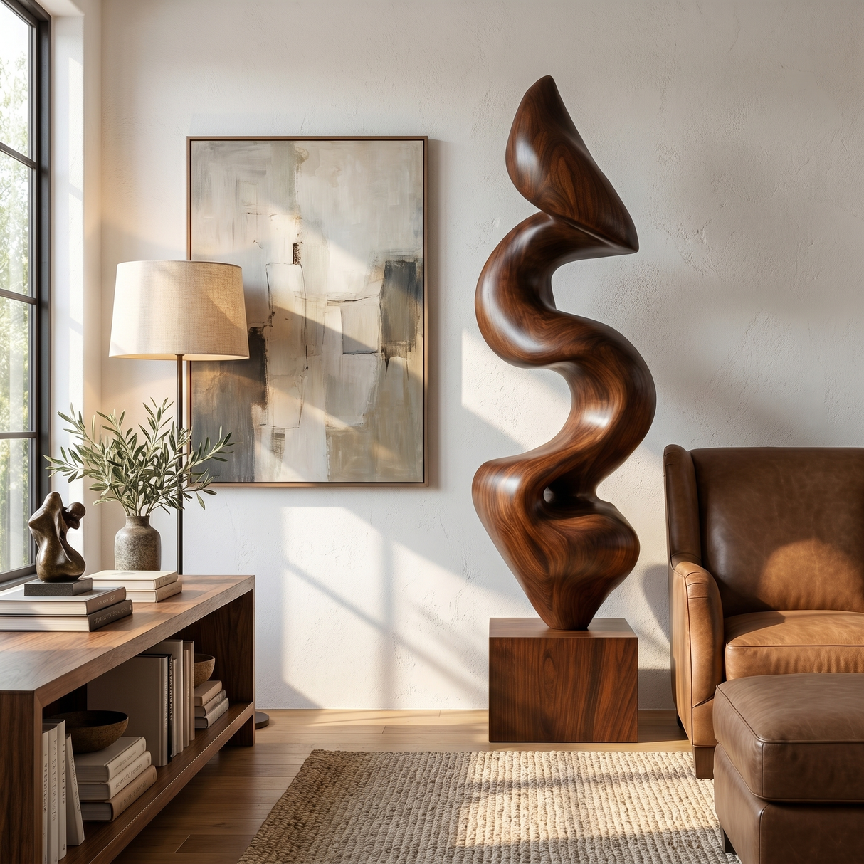 Handcrafted Solid Wood Floor Sculpture with Flowing Vertical Ribbon Form