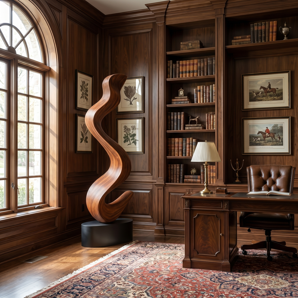 Handcrafted Solid Wood Floor Sculpture with Flowing Organic Wave Form