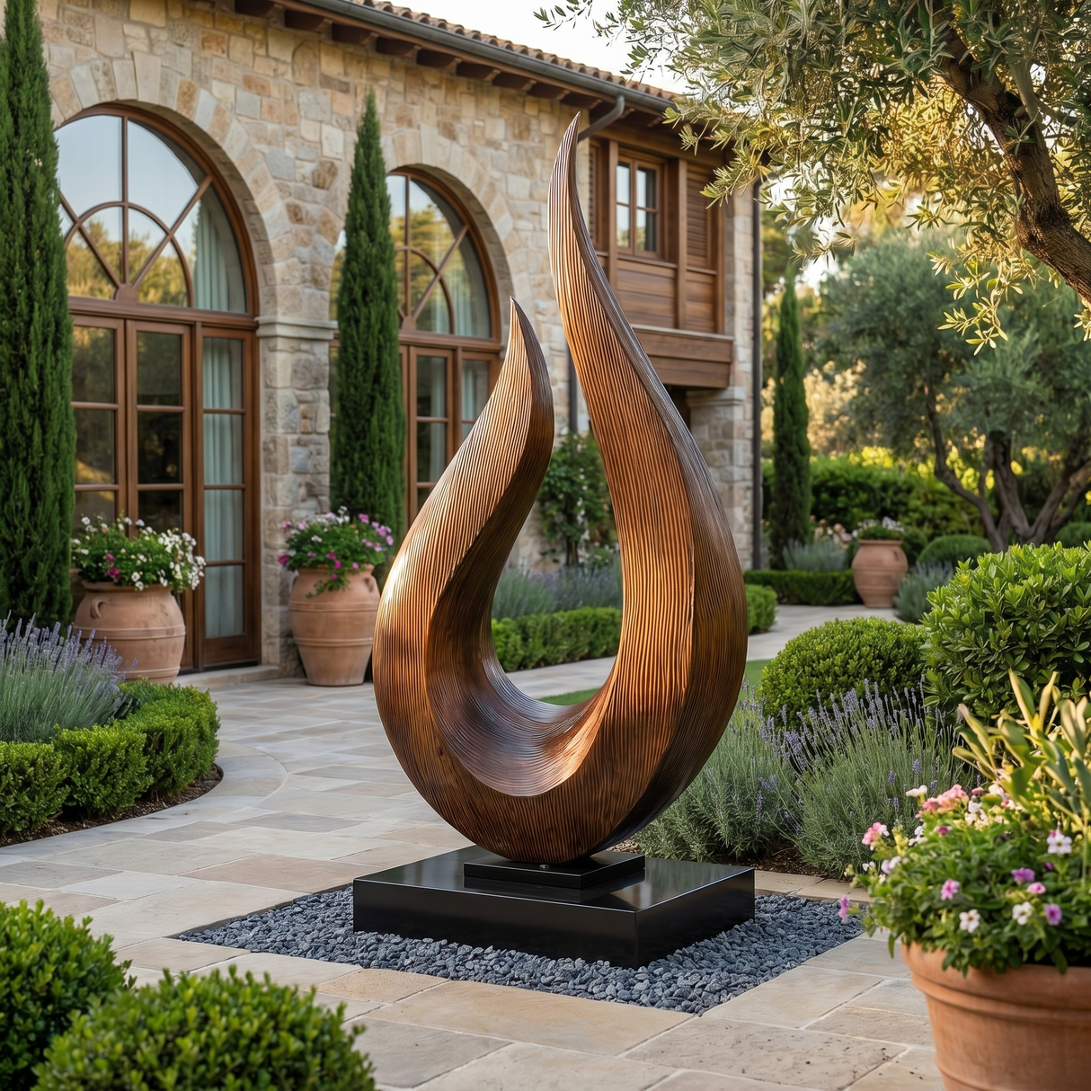 Monumental Solid Wood Garden Sculpture with Open Flame Form